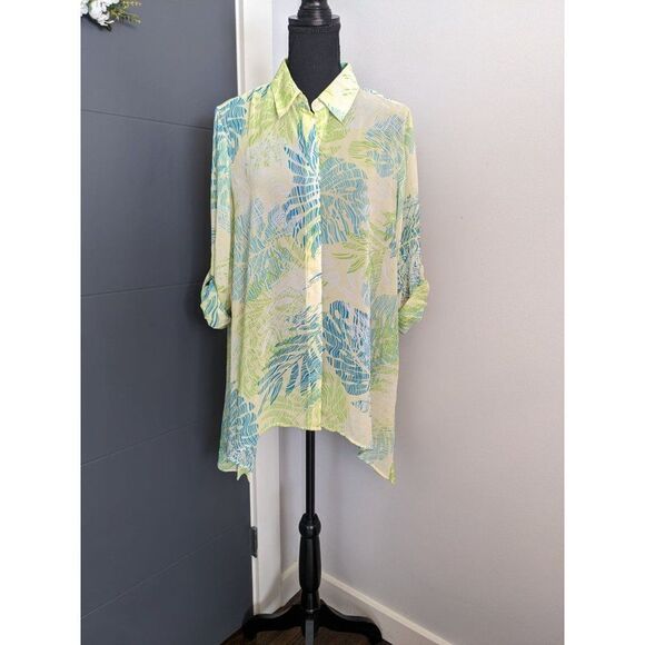 Peck & Peck Blue and Green Tropical Leaf Print Chiffon Roll Tab Tunic - L - Picture 1 of 9